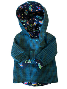 OOAK - Upcycled 100% Wool Blue & Green Reversible Hooded Coat Lined Black Construction - Age 3