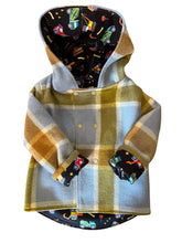 Load image into Gallery viewer, OOAK - Upcycled 100% Wool Blue &amp; Tan Reversible Hooded Coat Lined Black Construction - Age 3
