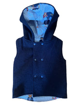 Load image into Gallery viewer, Navy Blue 100% Wool Reversible Hooded Long Fronted Vest Lined in Ralph Lauren Polo Bear
