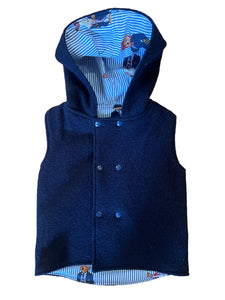 Navy Blue 100% Wool Reversible Hooded Long Fronted Vest Lined in Ralph Lauren Polo Bear