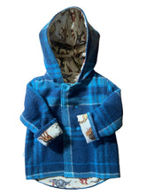 Load image into Gallery viewer, OOAK - Upcycled 100% Wool Blue Check Reversible Hooded Coat Lined Tan Dinosaurs - Age 2
