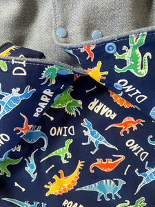 OOAK - Upcycled 100% Wool Denim Blue Reversible Hooded Coat Lined Blue Dinosaurs - Age 2