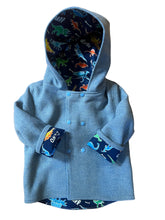 Load image into Gallery viewer, OOAK - Upcycled 100% Wool Denim Blue Reversible Hooded Coat Lined Blue Dinosaurs - Age 2
