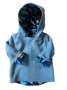 OOAK - Upcycled 100% Wool Denim Blue Reversible Hooded Coat Lined Blue Dinosaurs - Age 2