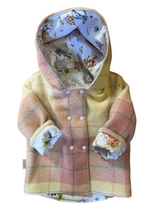 OOAK - Upcycled 100% Wool Pink Check Reversible Hooded Coat Lined Baby Safari - Age 1