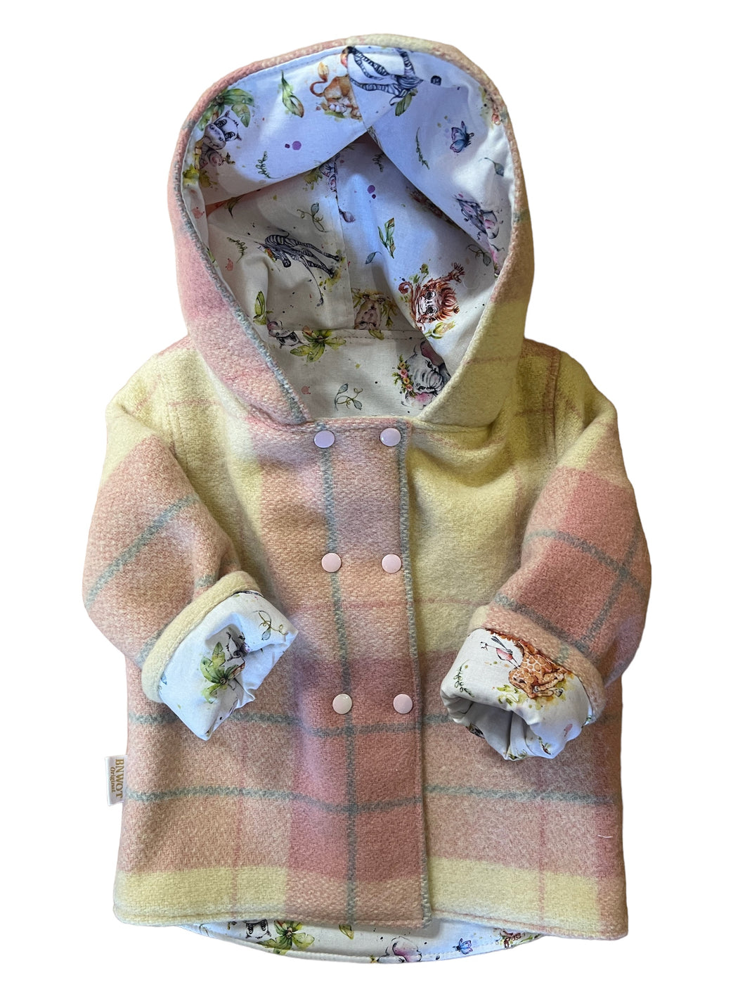 OOAK - Upcycled 100% Wool Pink Check Reversible Hooded Coat Lined Baby Safari - Age 1