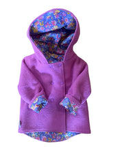 Load image into Gallery viewer, OOAK - Upcycled 100% Wool Bubblegum Pink Reversible Hooded Coat Lined Purple Floral - Age 1
