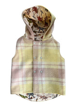 Load image into Gallery viewer, Tan &amp; Yellow Check 100% Wool Reversible Hooded Long Fronted Vest Lined in Dinosaurs
