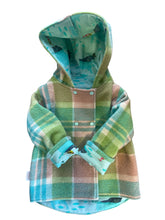 Load image into Gallery viewer, OOAK - Upcycled 100% Wool Green Check Reversible Hooded Coat Lined Tula Mint Hippos - Age 3
