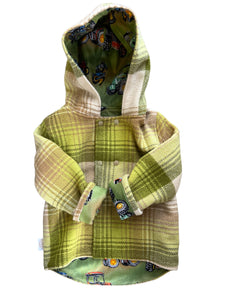 OOAK - Upcycled 100% Wool Green Check Reversible Hooded Coat Lined Tractor Time - Age 3