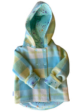 Load image into Gallery viewer, OOAK - Upcycled 100% Wool Turquoise &amp; Lemon Check Reversible Hooded Coat Lined Tula Pink Mint Fairy Dust - Age 4
