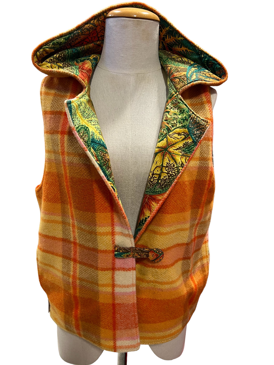 OOAK Upcycled Wool Orange Check Ladies Reversible Hooded Vest Lined Caladiums Gold Fabric - Size 8-12