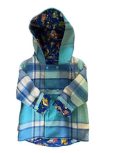 Load image into Gallery viewer, OOAK - Upcycled 100% Wool Blue Check Reversible Hooded Coat Lined Red Construction - Age 3
