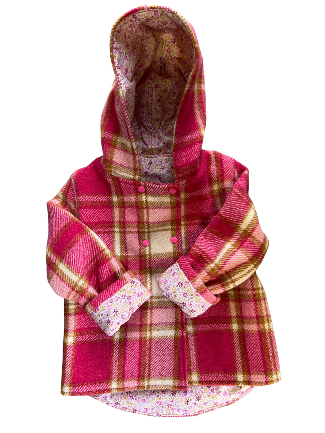 OOAK - Upcycled 100% Wool Pink & Mustard Check Reversible Hooded Coat Lined Pink Small Floral - Age 4