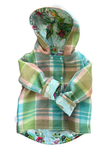 OOAK - Upcycled 100% Wool Green Check Reversible Hooded Coat Lined Tula Green Lions - Age 4