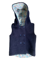 Load image into Gallery viewer, Navy Blue 100% Wool Reversible Hooded Long Fronted Vest Lined in Liberty Mini Floral
