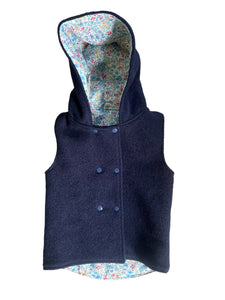 Navy Blue 100% Wool Reversible Hooded Long Fronted Vest Lined in Liberty Mini Floral