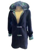 Load image into Gallery viewer, Limited Edition Ladies New 100% Wool Navy Blue Coat Lined 100% Cotton Jungle Paisley Cobalt - MADE TO ORDER
