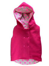 Load image into Gallery viewer, Hot Pink 100% Wool Reversible Hooded Long Fronted Vest Lined in Tula Pink Neon Pink Spots
