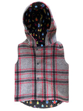 Load image into Gallery viewer, Grey &amp; Red Check 100% Wool Reversible Hooded Long Fronted Vest Lined in Black Bugs - Age 3
