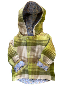 OOAK - Upcycled 100% Wool Green Check Reversible Hooded Coat Lined Grey Foxes - Age 2