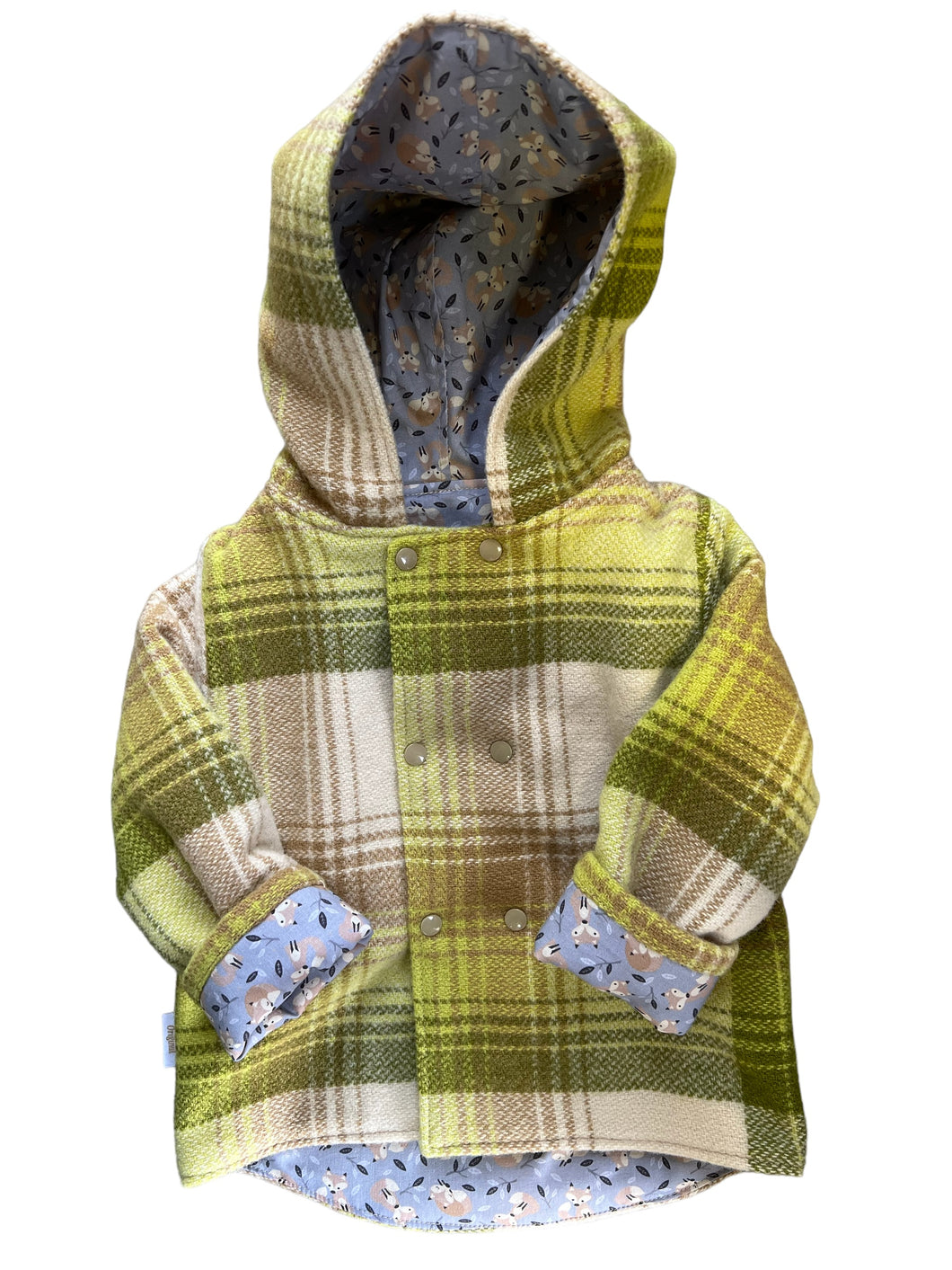 OOAK - Upcycled 100% Wool Green Check Reversible Hooded Coat Lined Grey Foxes - Age 2