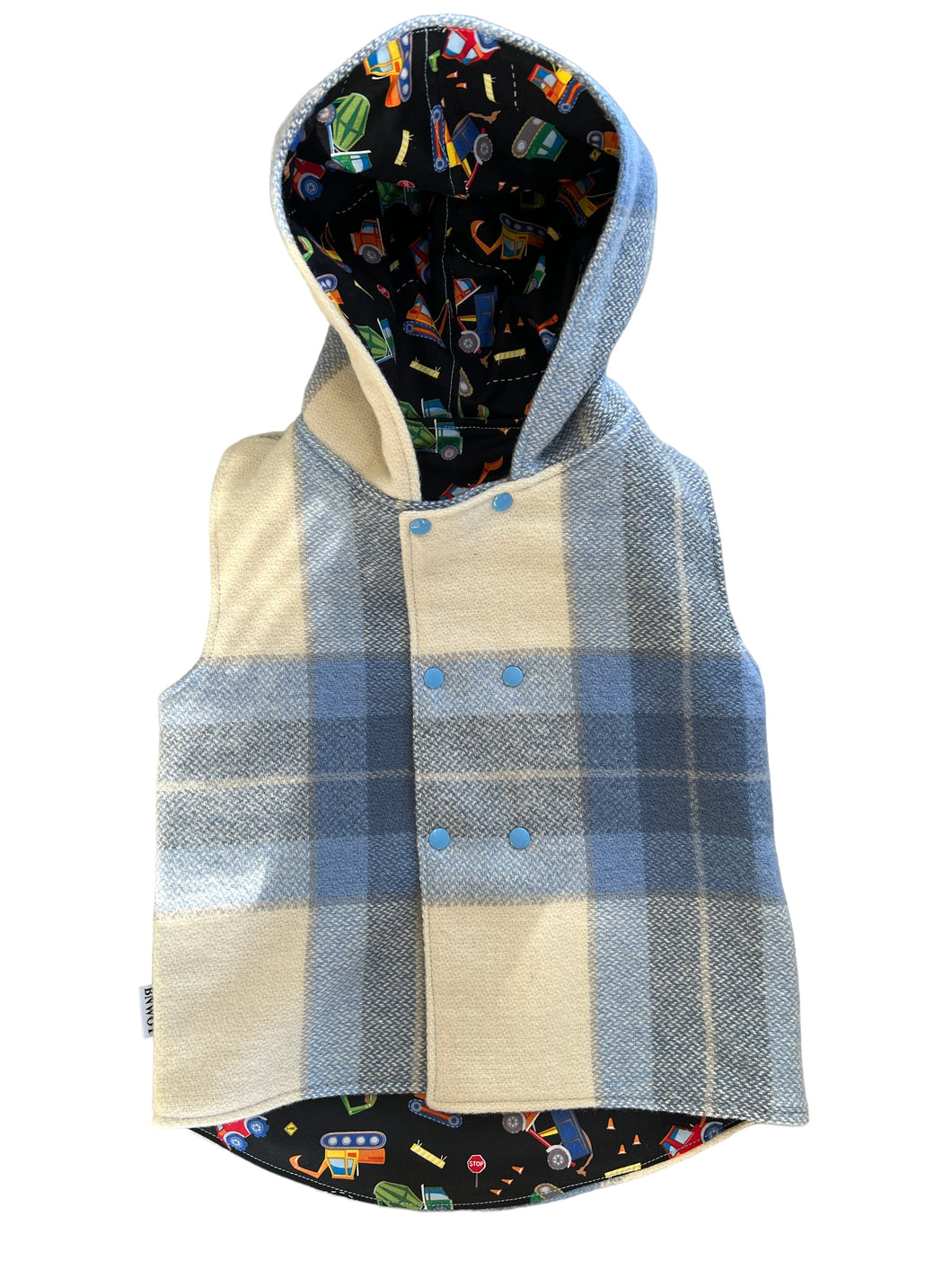 Blue Check 100% Wool Reversible Hooded Long Fronted Vest Lined in Black Construction - Age 4