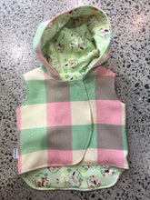 Load image into Gallery viewer, Pink &amp; Green Check 100% Wool Reversible Hooded Vest Lined in Green Forest Animals
