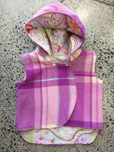 Load image into Gallery viewer, Purple Check 100% Wool Reversible Hooded Vest Lined in Lilac Whimsical Design
