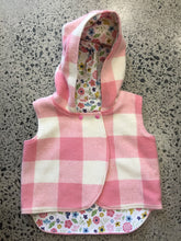 Load image into Gallery viewer, Pink Check 100% Wool Reversible Hooded Vest Lined in White Floral
