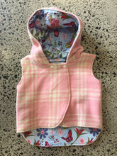 Load image into Gallery viewer, Pink Check 100% Wool Reversible Hooded Vest Lined in Blue Butterflies
