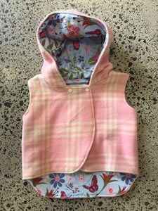 Pink Check 100% Wool Reversible Hooded Vest Lined in Blue Butterflies