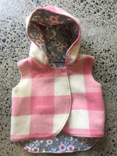 Load image into Gallery viewer, Pink Check 100% Wool Reversible Hooded Vest Lined in Grey Floral
