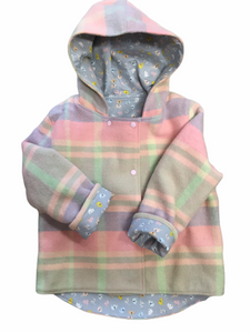 OOAK - Upcycled 100% Wool Multi Check Reversible Hooded Coat Lined Multicoloured Elephants - Age 6