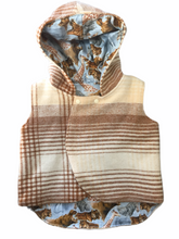 Load image into Gallery viewer, Mustard &amp; Cream 100% Wool Reversible Hooded Vest Lined in Wild Animals
