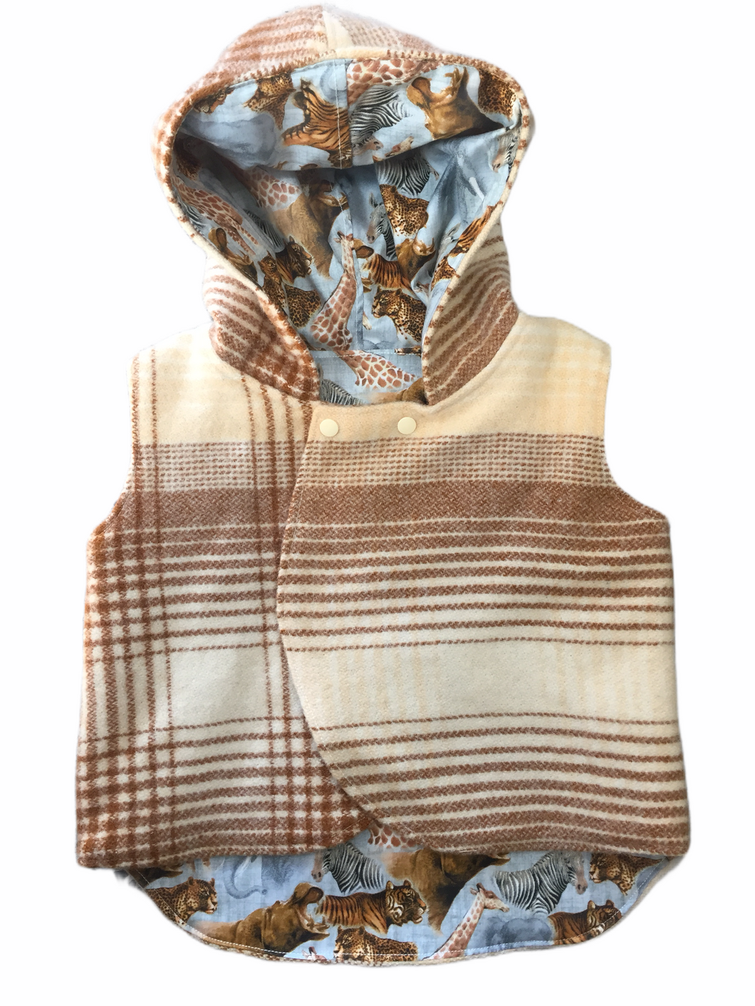 Mustard & Cream 100% Wool Reversible Hooded Vest Lined in Wild Animals