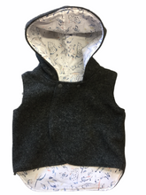 Load image into Gallery viewer, Charcoal Grey 100% Wool Reversible Hooded Vest Lined in Animal Outlines
