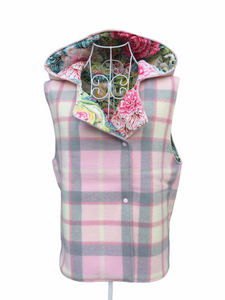 OOAK Ladies Pink & Grey Check Reversible Hooded Vest Lined Brassica - Size M-L