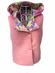 OOAK Ladies Blush Pink Reversible Hooded Vest Lined Bright Leaf Fabric - Size S-M