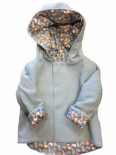 Load image into Gallery viewer, OOAK - Upcycled 100% Wool Blue Reversible Hooded Coat Lined Blue Squirrels - Age 5
