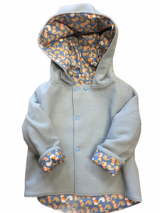 OOAK - Upcycled 100% Wool Blue Reversible Hooded Coat Lined Blue Squirrels - Age 5