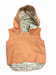 Apricot 100% Wool Reversible Hooded Vest Lined in Apricot & Green Butterflies