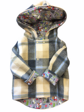 Load image into Gallery viewer, OOAK - Upcycled 100% Wool Charcoal &amp; Tan Check Reversible Hooded Coat Lined Forest Friends - Age 3
