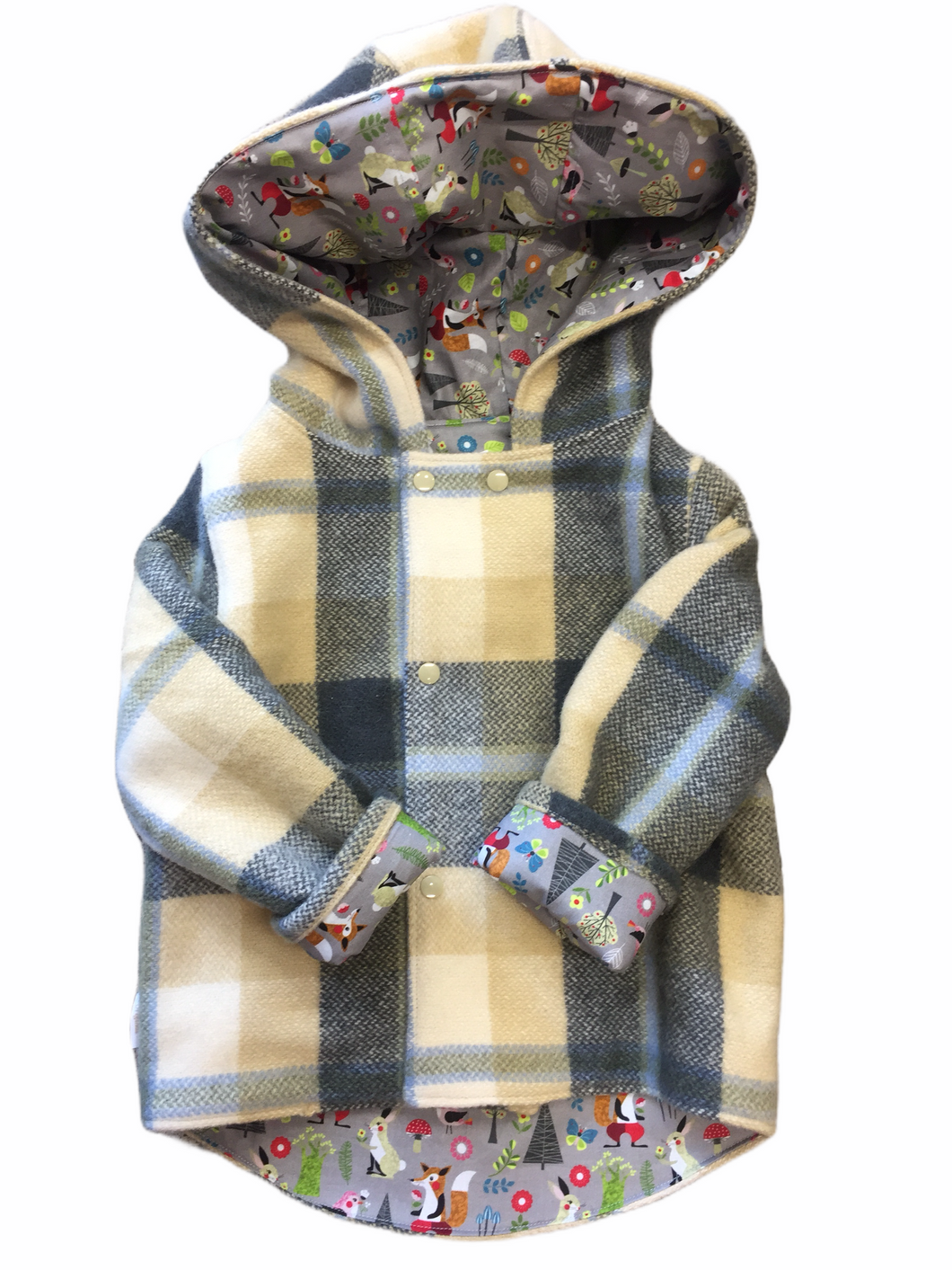 OOAK - Upcycled 100% Wool Charcoal & Tan Check Reversible Hooded Coat Lined Forest Friends - Age 3