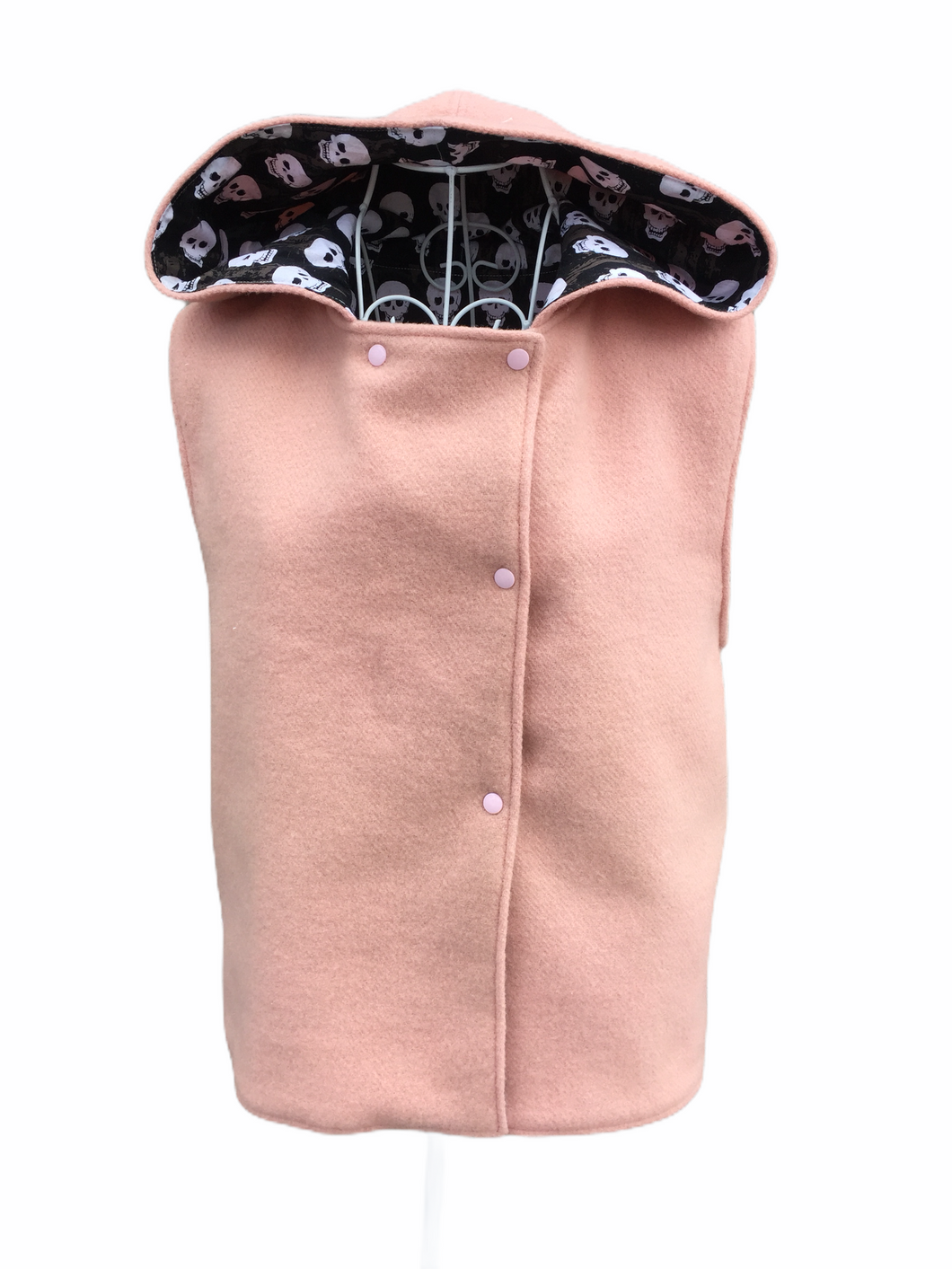 OOAK Ladies Pale Pink Wool Reversible Hooded Vest Lined Skulls - Size S-M