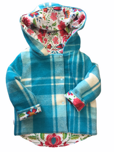 OOAK - Upcycled 100% Wool Turquoise Check Reversible Hooded Coat Lined Bright Floral - Age 6