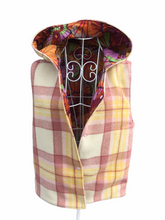 Load image into Gallery viewer, OOAK Ladies Blush Pink &amp; Cream Check Reversible Hooded Vest Lined Floral Fabric - Size S-M
