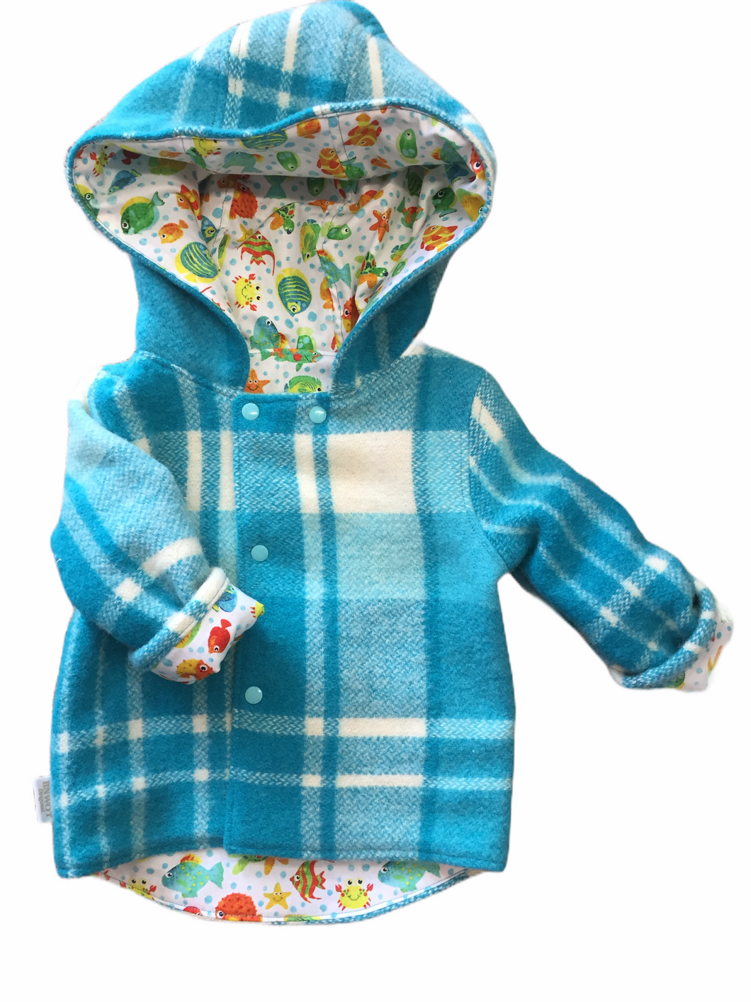 OOAK - Upcycled 100% Wool Turquoise Check Reversible Hooded Coat Lined White Fish - Age 1