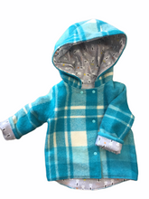 Load image into Gallery viewer, OOAK - Upcycled 100% Wool Turquoise Check Reversible Hooded Coat Lined Grey Bunnies - Age 2
