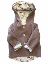 Load image into Gallery viewer, OOAK - Upcycled 100% Wool Mushroom Hooded Coat Lined Sepia Animals - Age 4
